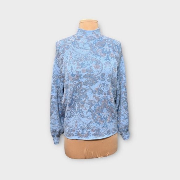 Anthropologie Mock-Neck Sweater Small Silver Metallic Blue Paisley Winter Retro - Picture 5 of 8